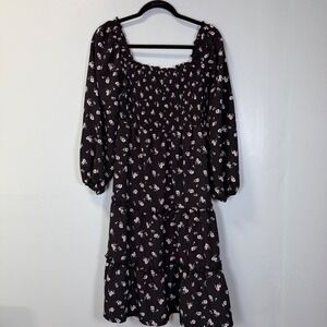 As U Wish Black Floral Smocked Tiered Midi Dress Square Neck Long Sleeve Medium